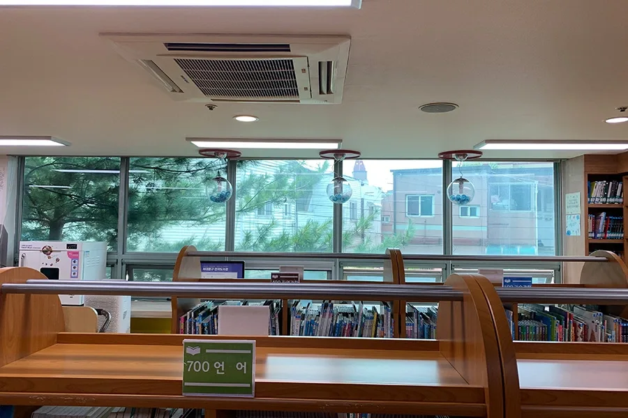 열람실 창가 필름 시공 진행 모습